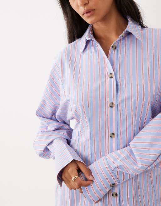 ASOS DESIGN mini shirt dress with cinched waist in blue and red stripes, 3 of 4