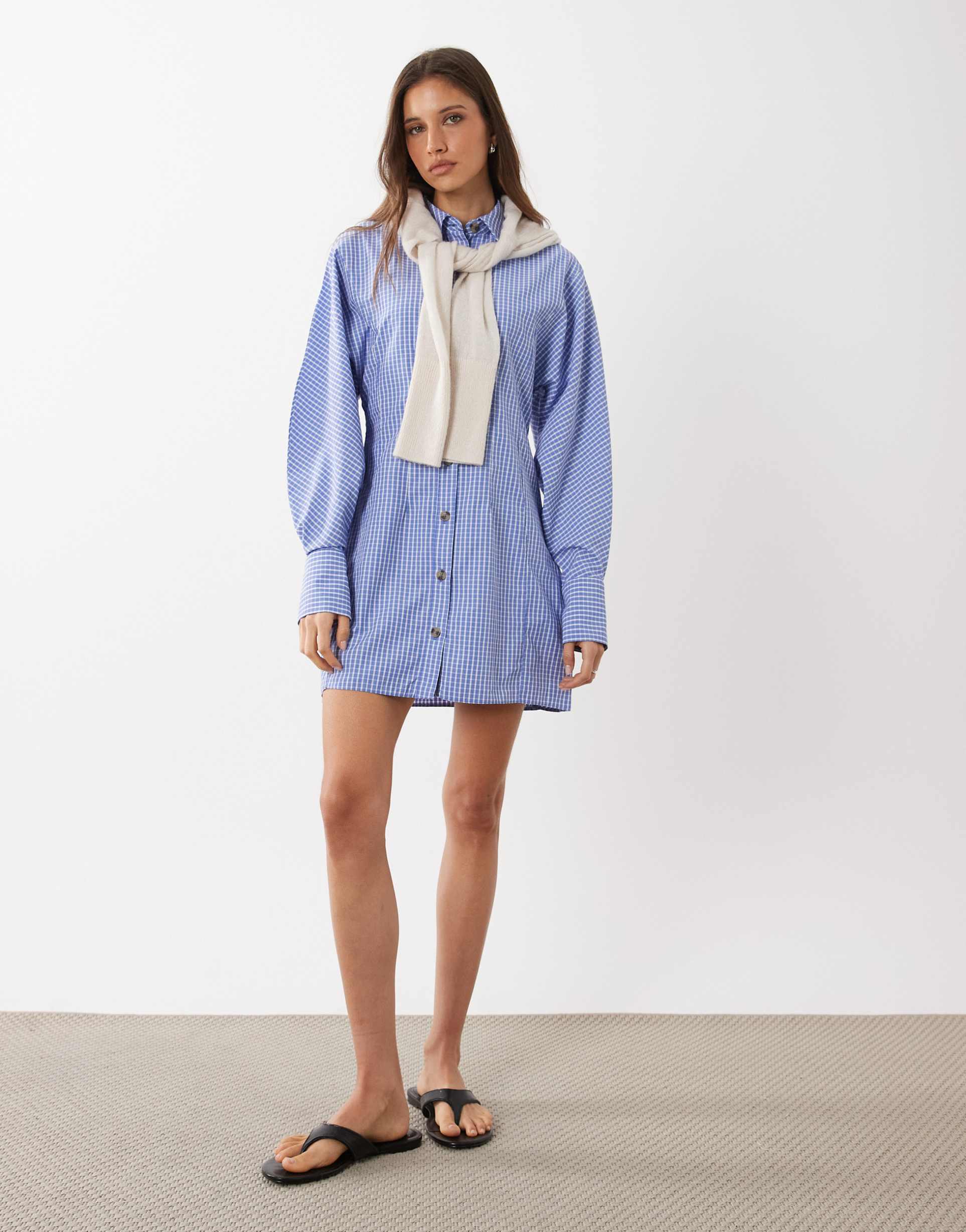 asos design mini shirt dress with cinched waist in navy gingham