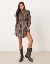 ASOS DESIGN Curve shirt mini dress with cinched waist in tan plaid