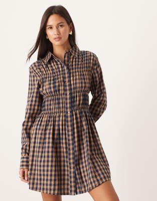 ASOS DESIGN mini shirt dress with cinched waist in tan