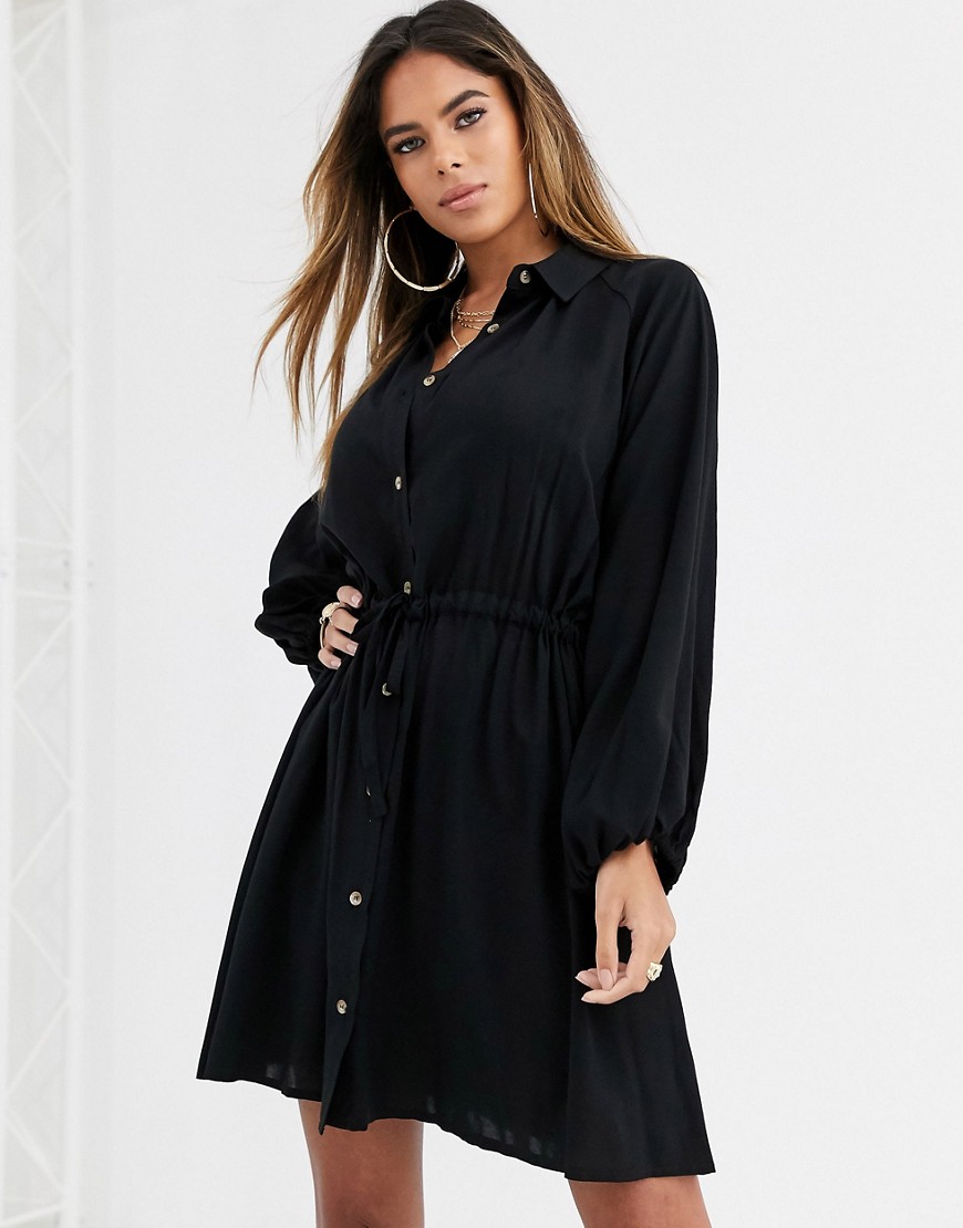 ASOS DESIGN mini shirt dress with drawstring waist-Black