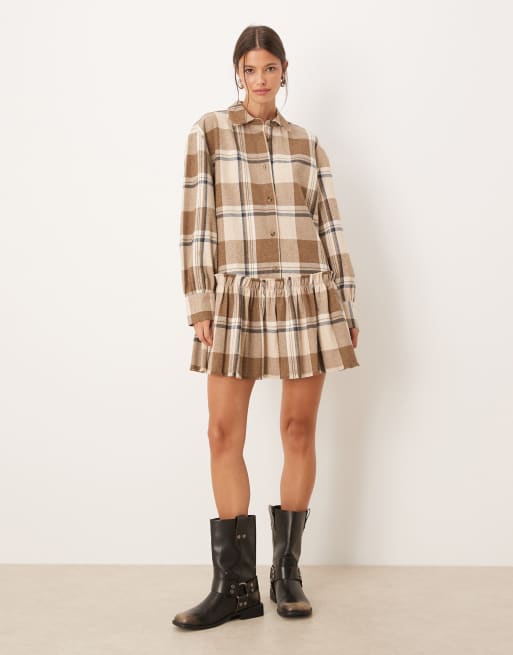 ASOS DESIGN mini shirt dress with dropped waist in tonal tan check, 2 of 4