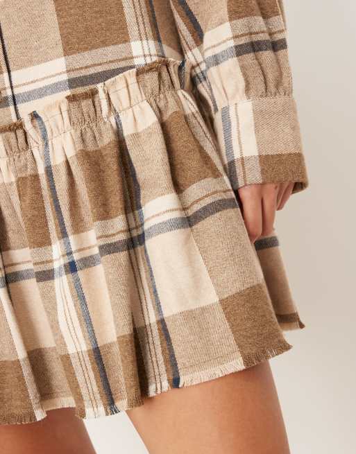 ASOS DESIGN mini shirt dress with dropped waist in tonal tan check, 3 of 4