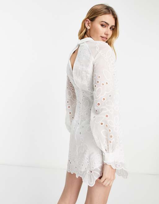 ASOS DESIGN mini shirt dress with floral broderie detail in white