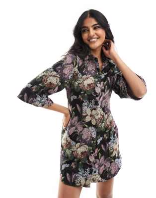 asos design mini shirt dress with fluted sleeve detail in floral tapestry
