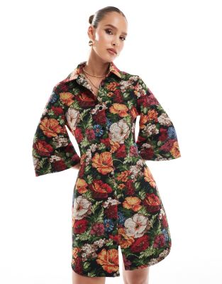 mini shirt dress with fluted sleeve detail in floral tapestry-Multi