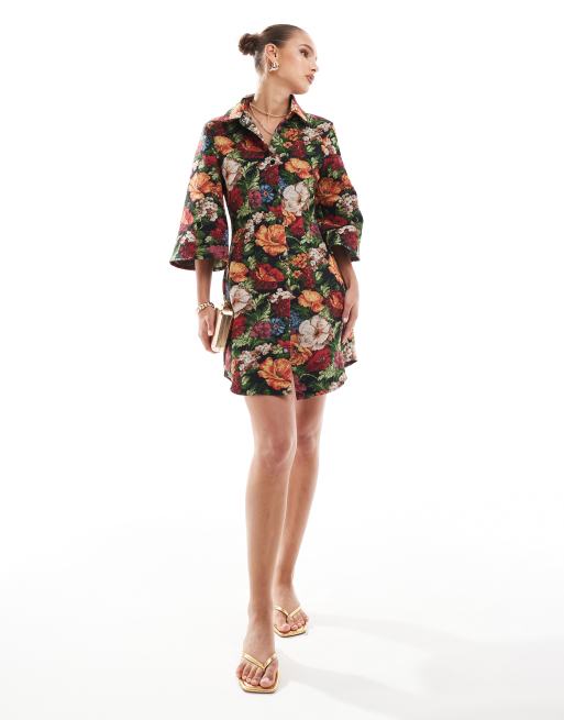 knee length dresses for ladies Bloom & Be Seen Poppy Red Cotton Floral Applique Mini Shirt Dress