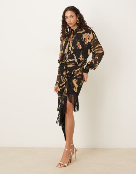 ASOS DESIGN mini shirt dress with fringe skirt in black floral - view 1