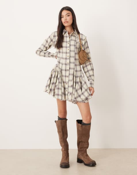 ASOS DESIGN mini shirt dress with nipped in waist and godets in washed grey and blue check - view 1