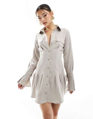 ASOS DESIGN mini shirt dress with oversized cuff detail in stone pinstripe-Neutral