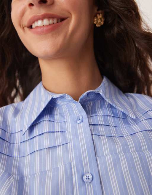 ASOS DESIGN mini shirt dress with pintucks in blue stripe