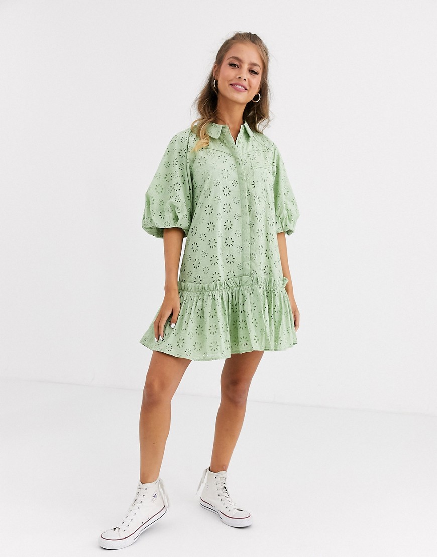 ASOS DESIGN mini shirt dress with puff sleeves in broderie-Green