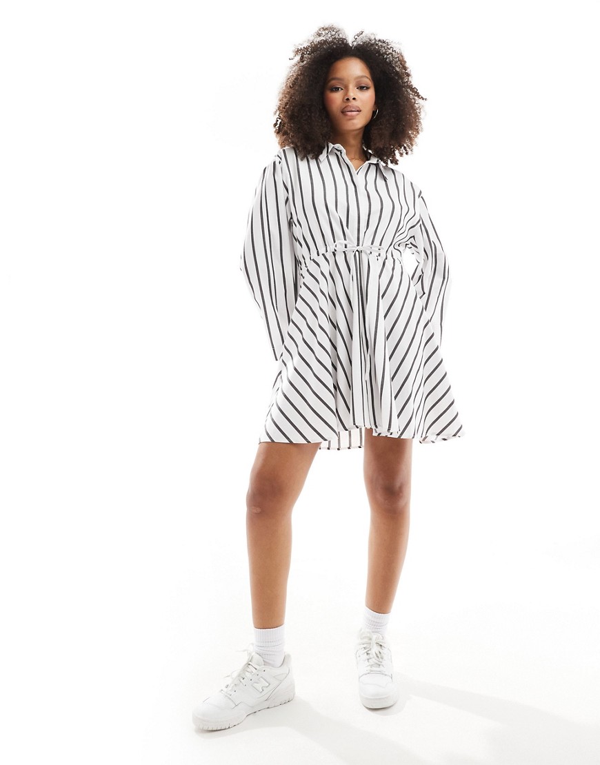 Asos Design Mini Shirt Dress With Ruched Belt Detail In Mono Stripe-multi In White