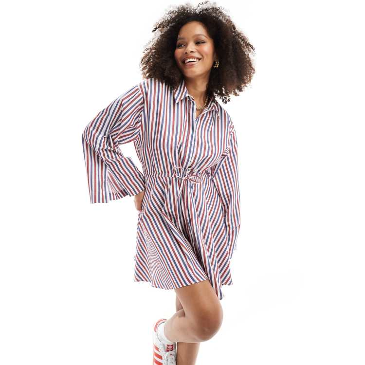 multi stripe shirt dress ASOS DESIGN mini shirt dress with ruched belt detail in multi stripe