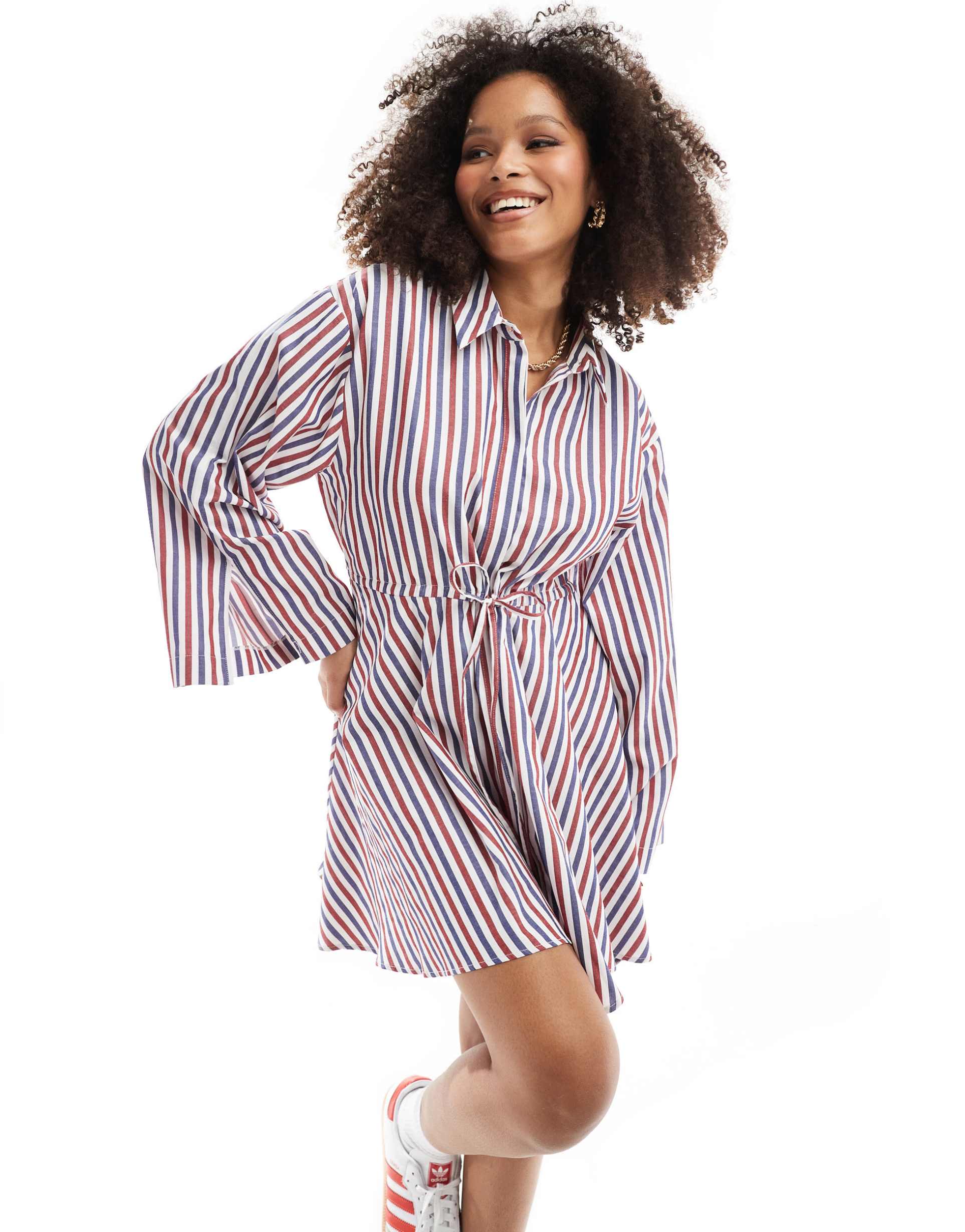 asos design mini shirt dress with ruched belt detail in multi stripe