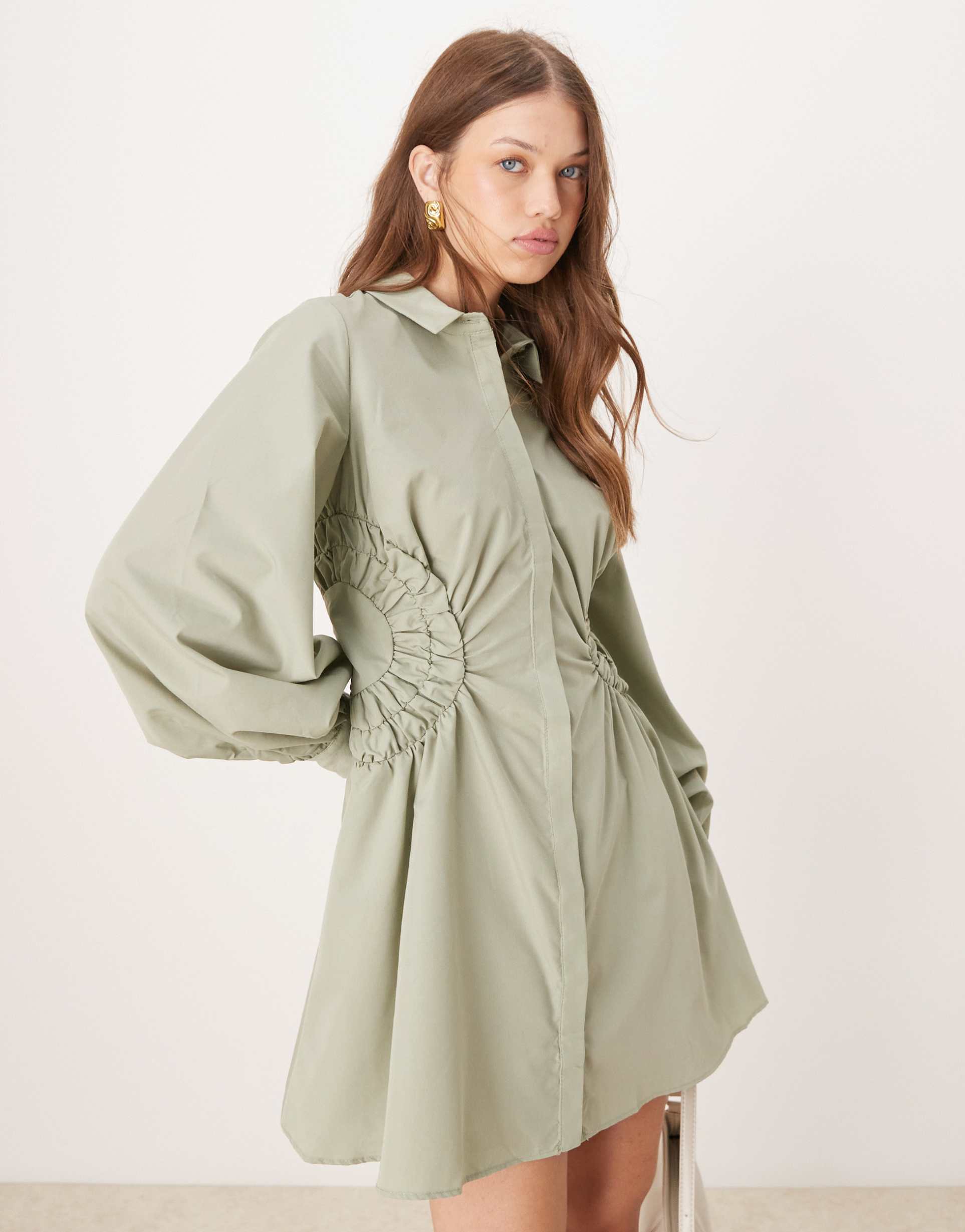 asos design mini shirt dress with ruched side panels in khaki