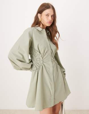 ASOS DESIGN mini shirt dress with ruching side panels in khaki-Green