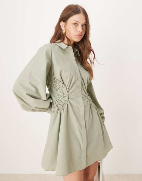 ASOS DESIGN mini shirt dress with ruching side panels in khaki - view 1