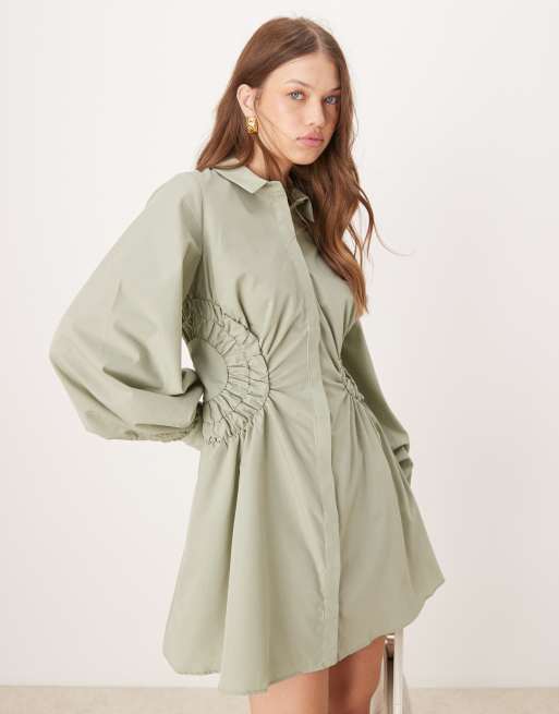 ASOS DESIGN mini shirt dress with ruching side panels in khaki