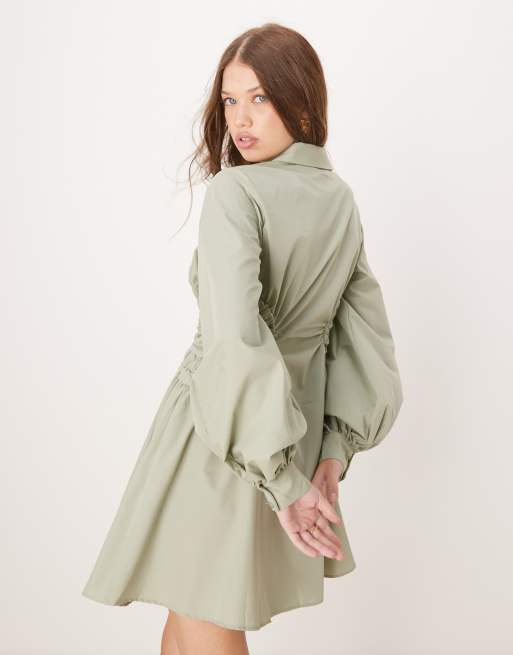 SURPLICE SHIRT DRESS WITH SIDE RUCHING