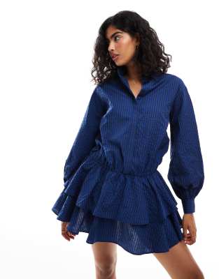 ASOS DESIGN mini shirt dress with ruffle hem skirt in navy stripe-Multi