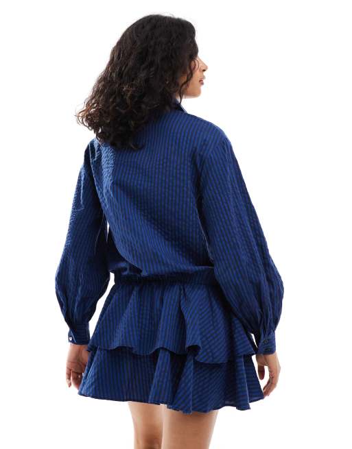 ASOS DESIGN mini shirt dress with ruffle hem skirt in navy stripe, 2 of 4