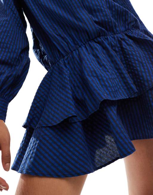 ASOS DESIGN mini shirt dress with ruffle hem skirt in navy stripe, 3 of 4