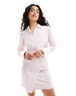 Asos Design Mini Shirt Dress With Side Ruching Detail And Contrasting Collar In Pink And White Stripe-multi