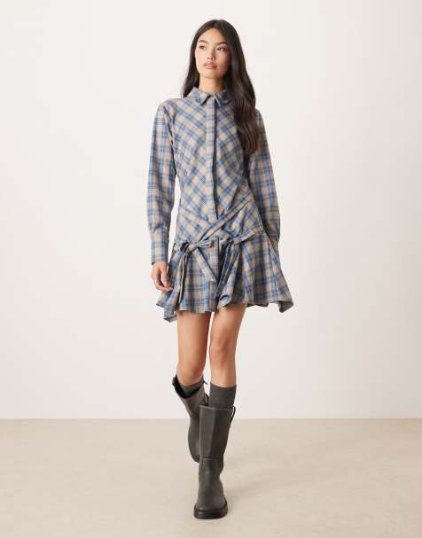 ASOS DESIGN mini shirt dress with tie waist detail and godets in blue and gray check - view 1