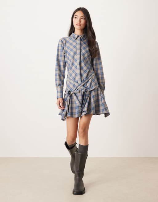 ASOS DESIGN mini shirt dress with tie waist detail and godets in blue and gray check
