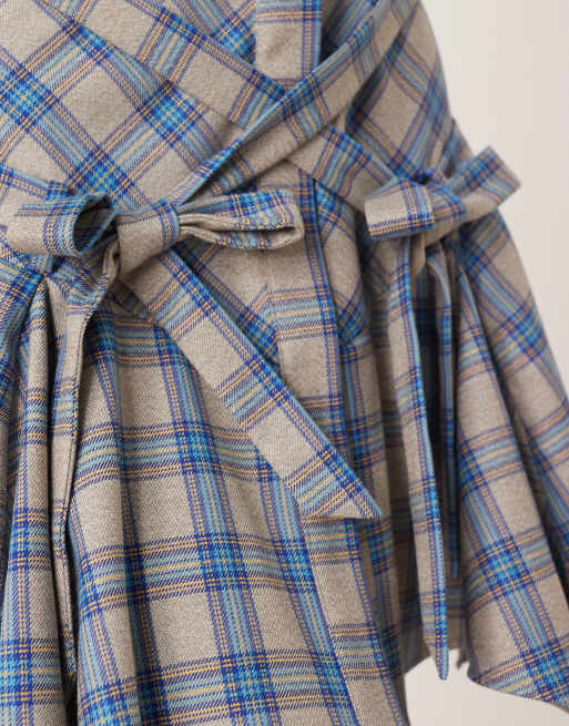 ASOS DESIGN mini shirt dress with tie waist detail and godets in blue and gray check