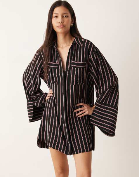 ASOS DESIGN mini shirt dress with wide cuffs and oversized pockets in black and red stripe - view 1