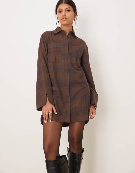 ASOS DESIGN mini shirt dress with wide cuffs and oversized pockets in brown check, 2 of 4