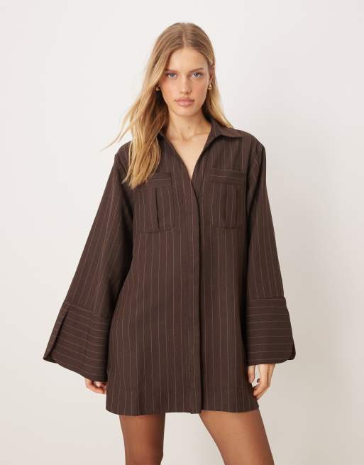 ASOS DESIGN mini shirt dress with wide cuffs and oversized pockets in brown stripe