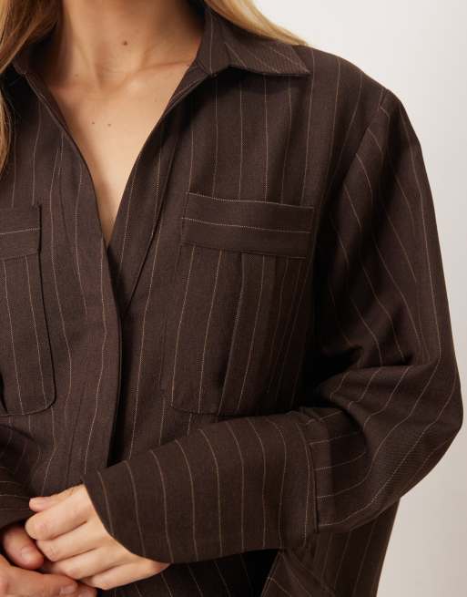 ASOS DESIGN mini shirt dress with wide cuffs and oversized pockets in brown stripe