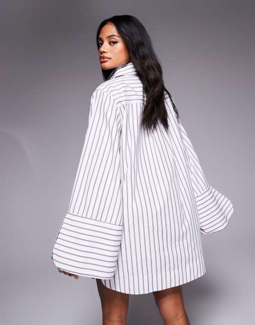 ASOS DESIGN mini shirt dress with wide cuffs and oversized pockets in burgundy stripe, 3 of 4