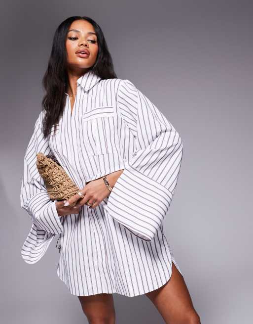 ASOS DESIGN mini shirt dress with wide cuffs and oversized pockets in burgundy stripes