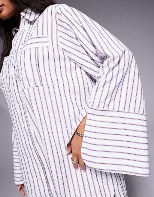 ASOS DESIGN mini shirt dress with wide cuffs and oversized pockets in burgundy stripes