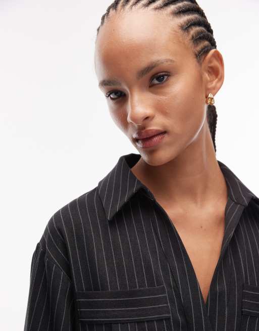 ASOS DESIGN mini shirt dress with wide cuffs and oversized pockets in dark gray stripes