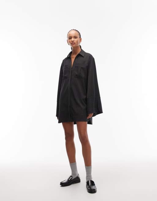ASOS DESIGN mini shirt dress with wide cuffs and oversized pockets in dark gray stripes