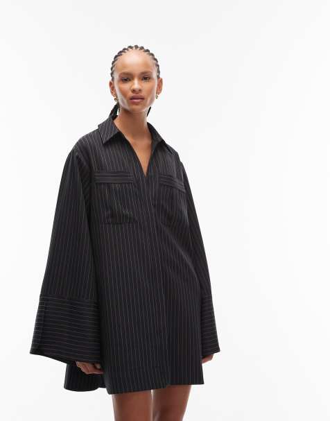 ASOS DESIGN mini shirt dress with wide cuffs and oversized pockets in dark grey stripe - view 1