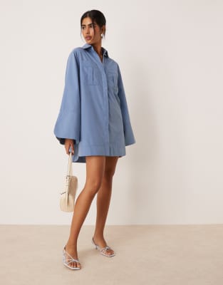 mini shirt dress with wide cuffs and oversized pockets in dusty blue