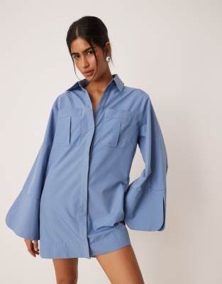 ASOS DESIGN mini shirt dress with wide cuffs and oversized pockets in dusty blue