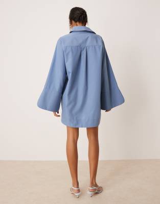 ASOS DESIGN mini shirt dress with wide cuffs and oversized pockets in dusty blue