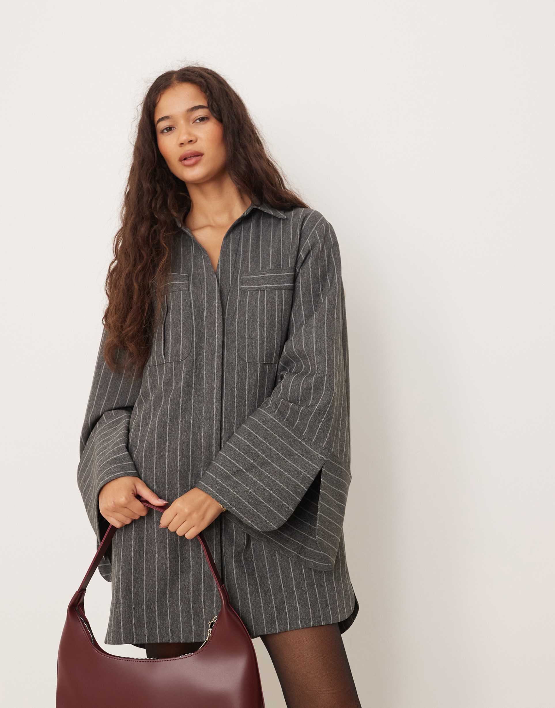 asos design mini shirt dress with wide cuffs and oversized pockets in gray pinstripe