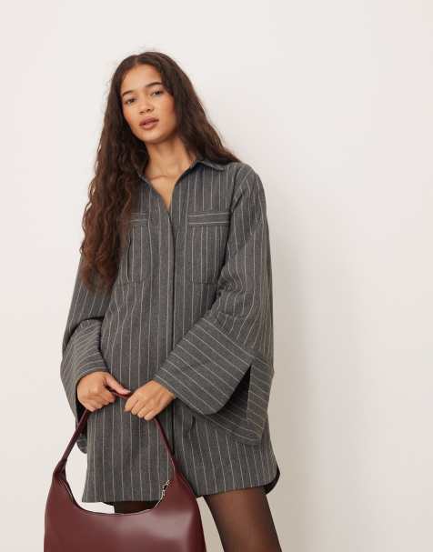 ASOS DESIGN mini shirt dress with wide cuffs and oversized pockets in grey pinstripe