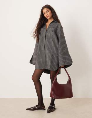 Asos Design Mini Shirt Dress With Wide Cuffs And Oversized Pockets In Gray