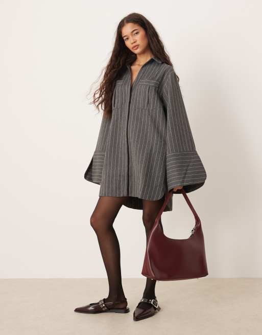ASOS DESIGN mini shirt dress with wide cuffs and oversized pockets in grey pinstripe, 2 of 4
