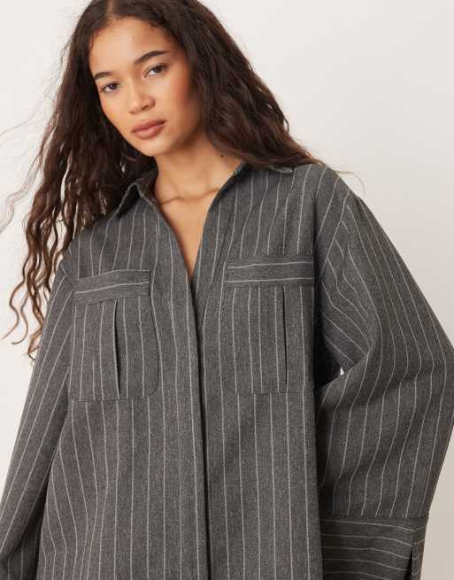 ASOS DESIGN mini shirt dress with wide cuffs and oversized pockets in grey pinstripe, 3 of 4