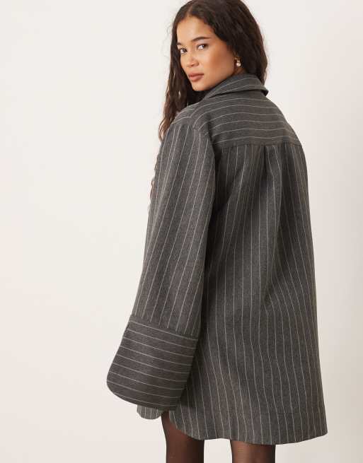 ASOS DESIGN mini shirt dress with wide cuffs and oversized pockets in grey pinstripe, 4 of 4